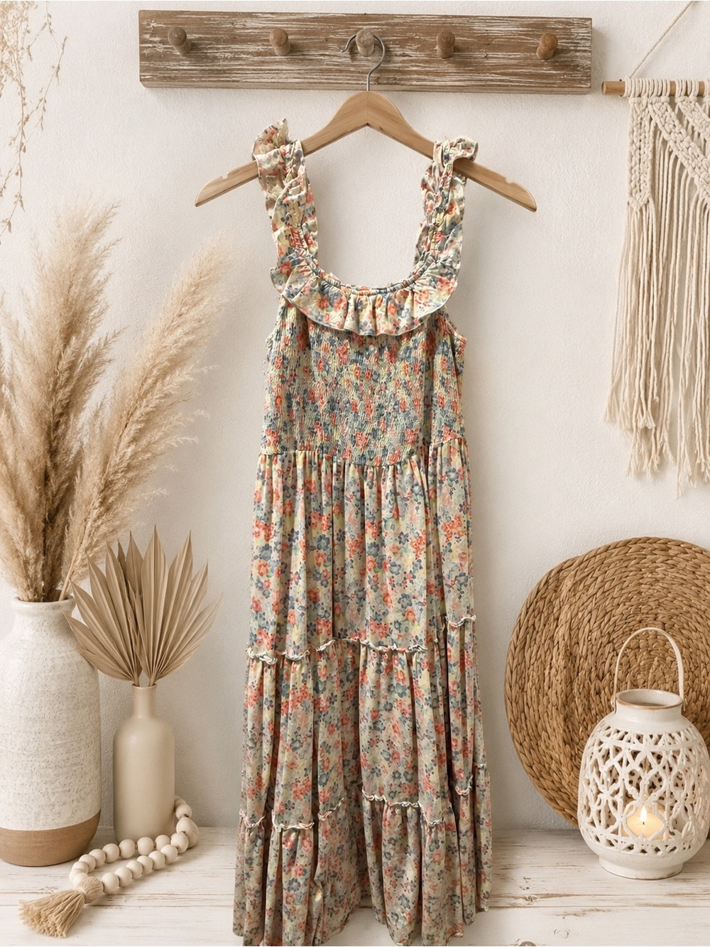 Old Navy Floral Ruffle Maxi Dress in Cream, Green, Pink